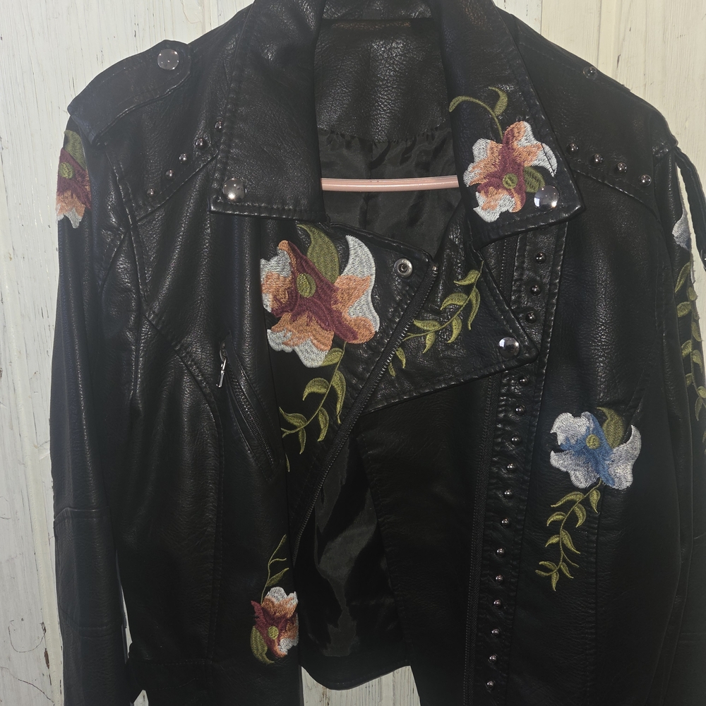 Floral Embroidered Black Leather Jacket